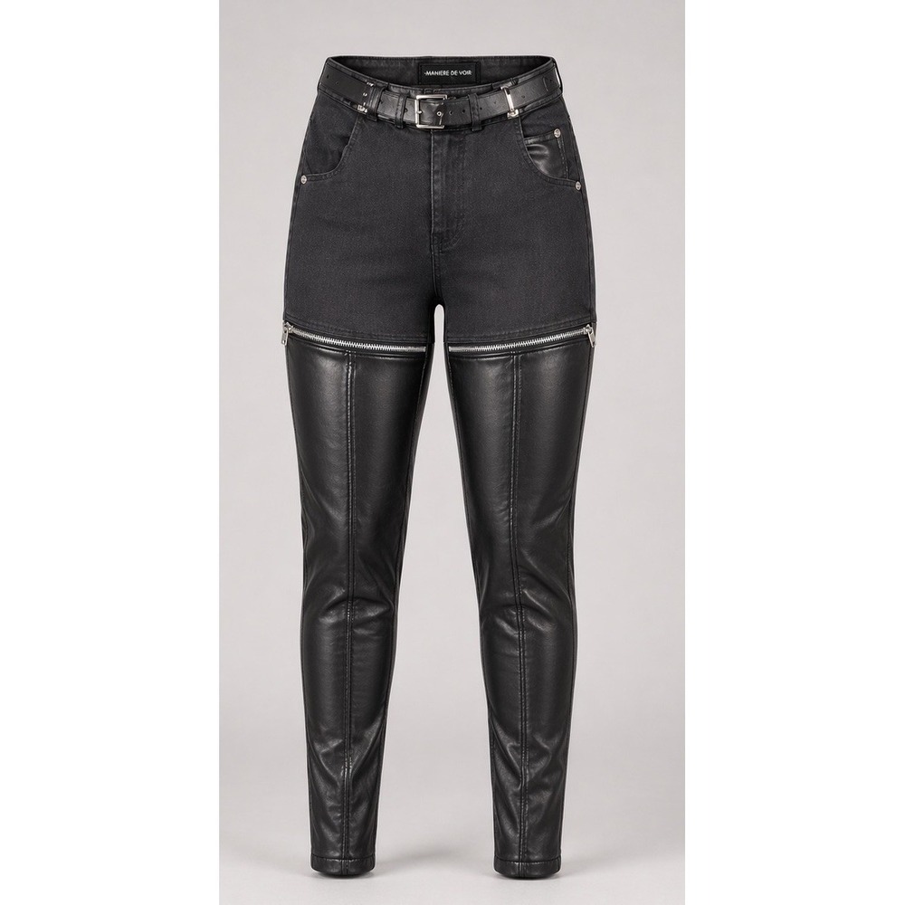 Maniere De Voir Womens Skinny Pants Size 4 Black Faux Leather Panel High Rise